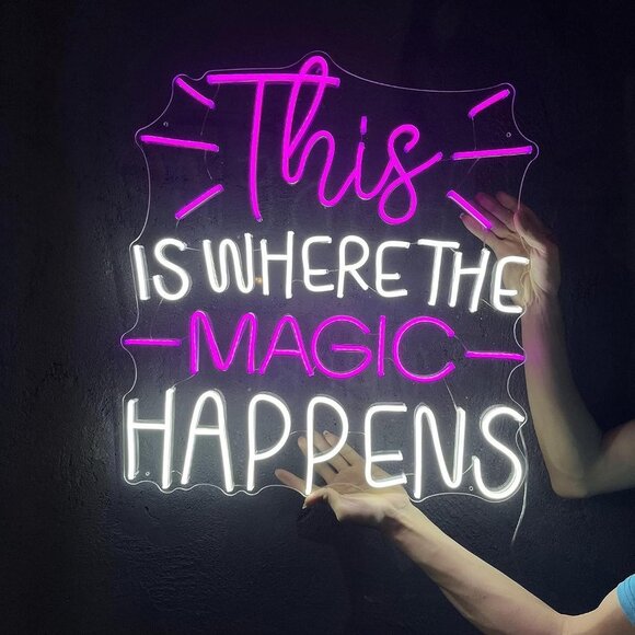 Large Neon Sign This is Where The Magic Happens Purple & White Led Light - Picture 8 of 9